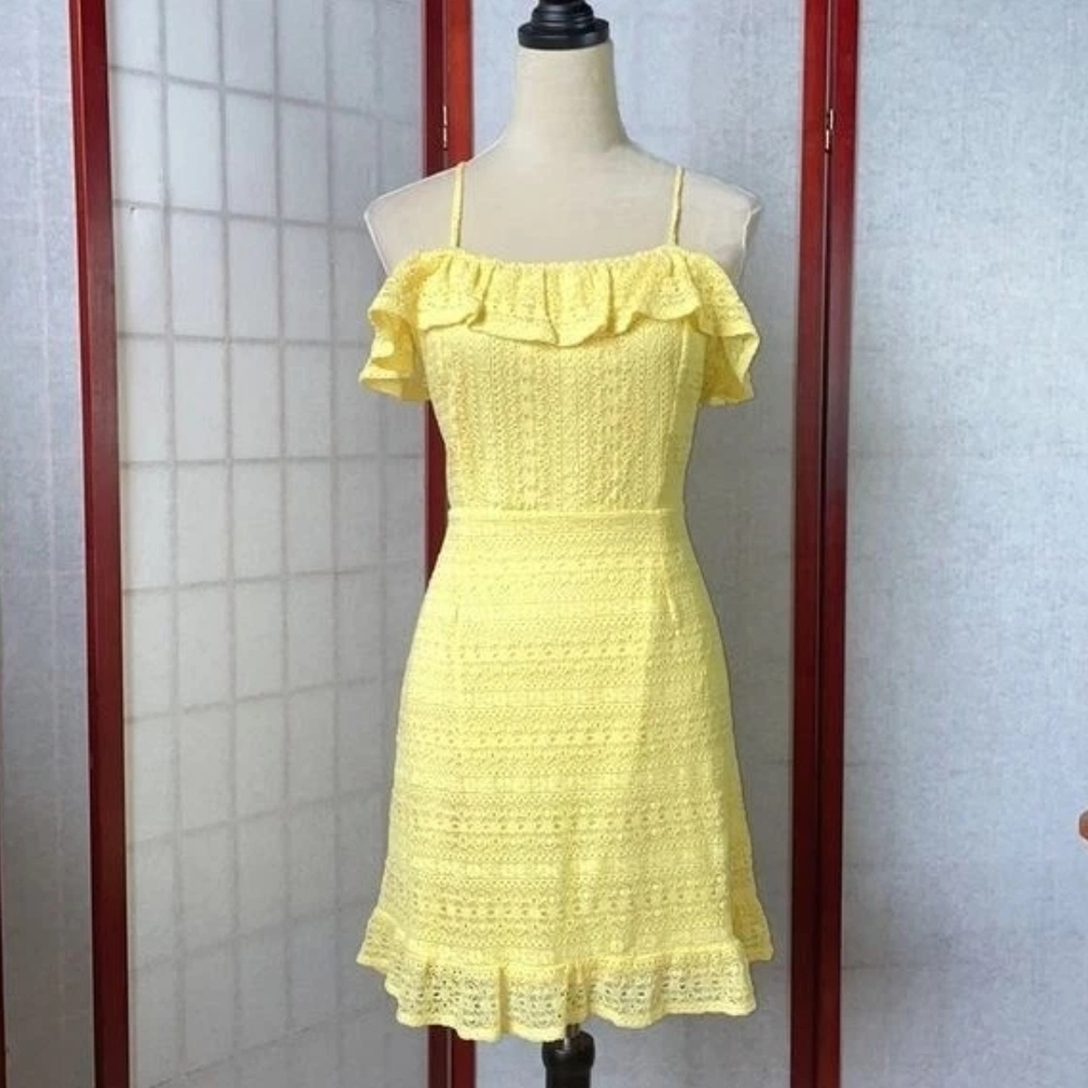 Live To Be Spoiled: Yellow Lace Ruffled Mini Dress Adjustable Straps- L Junior